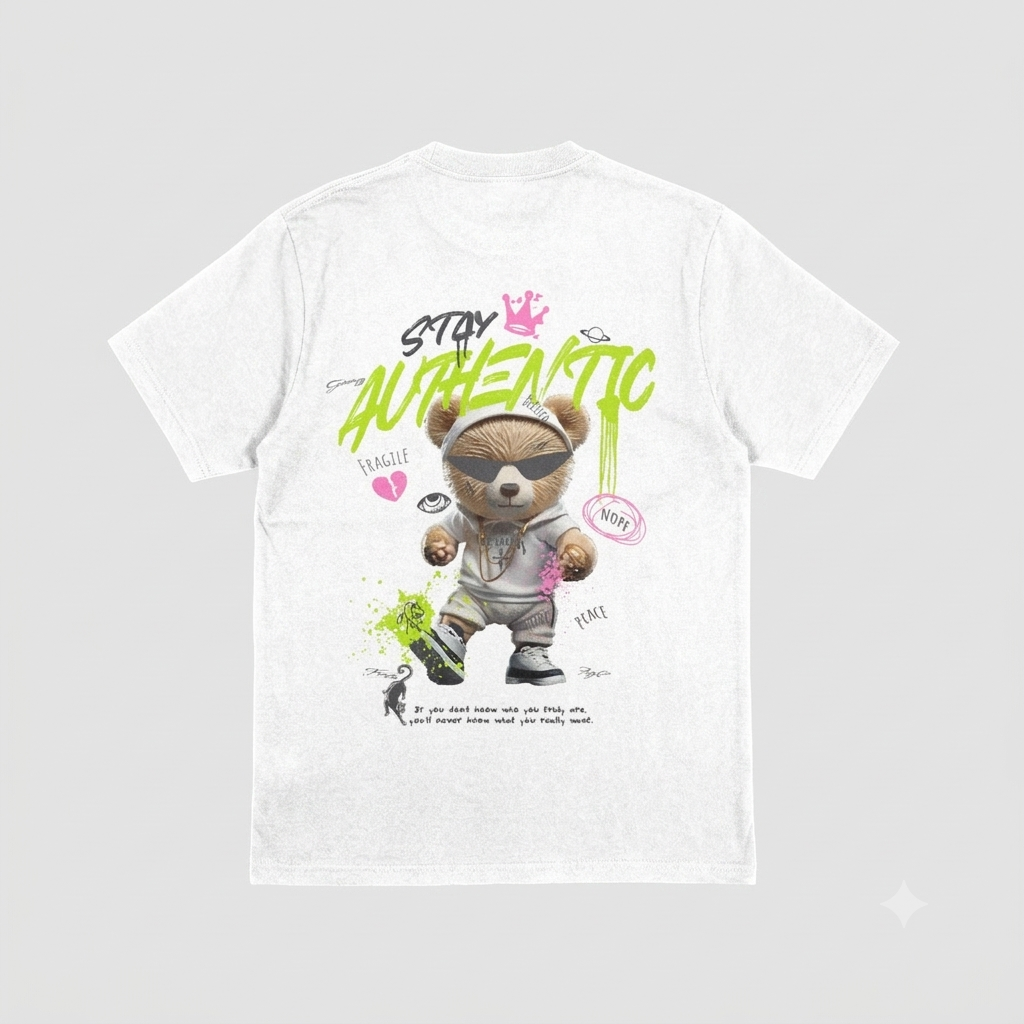 "Stay Authentic" Graffiti Teddy Bear Streetwear T-Shirt – Front & Back Graphic