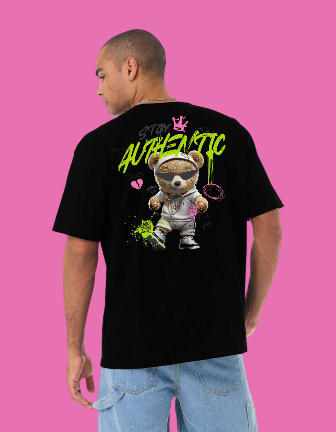 "Stay Authentic" Graffiti Teddy Bear Streetwear T-Shirt – Front & Back Graphic