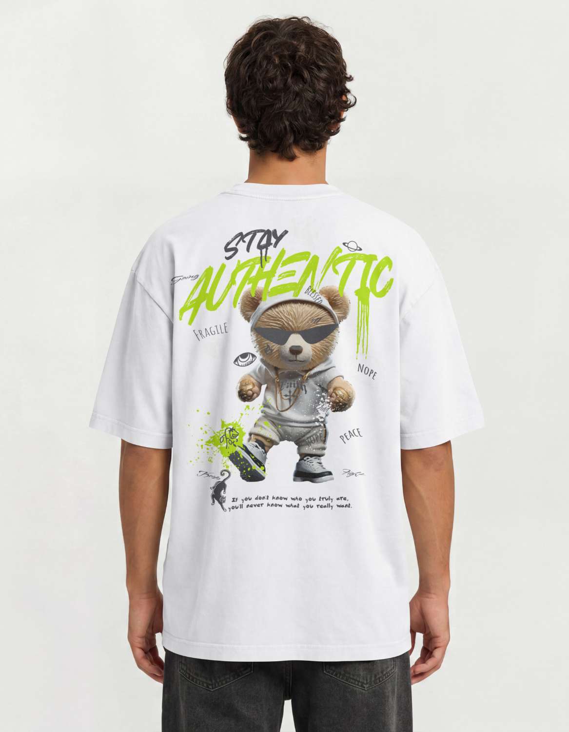 "Stay Authentic" Graffiti Teddy Bear Streetwear T-Shirt – Front & Back Graphic